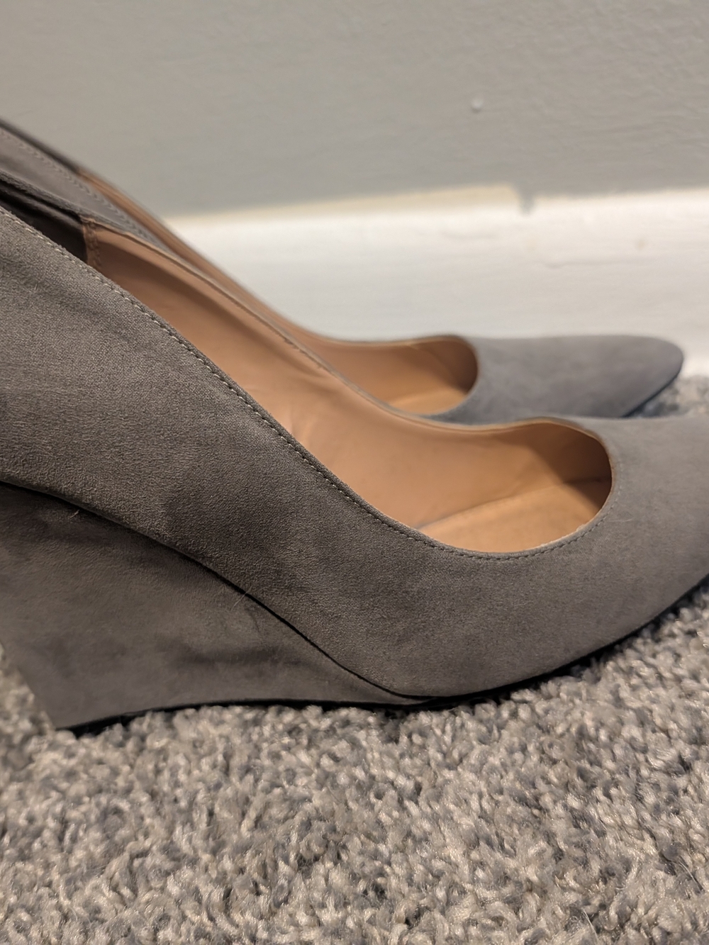 Express Gray Suede Pointed Toe Wedge Pumps